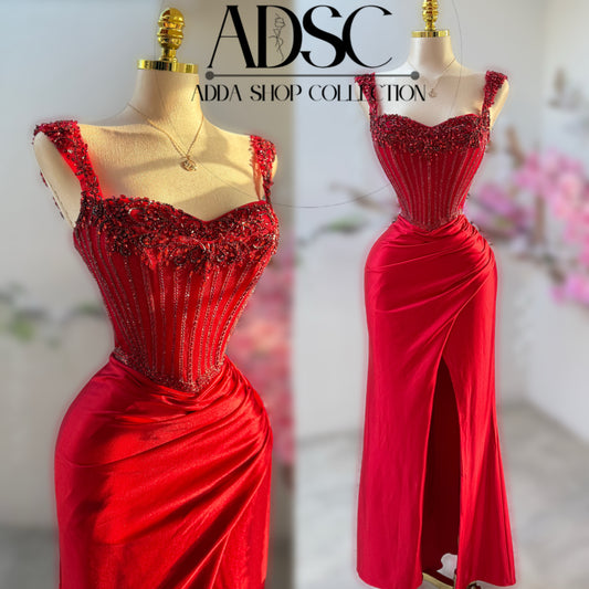 Vestido rojo satín corset pedrería ❤️
