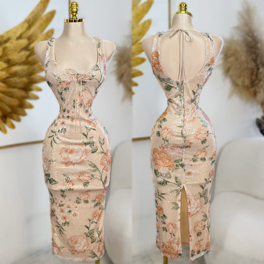 Vestido flores beige lentejuelas 🌺