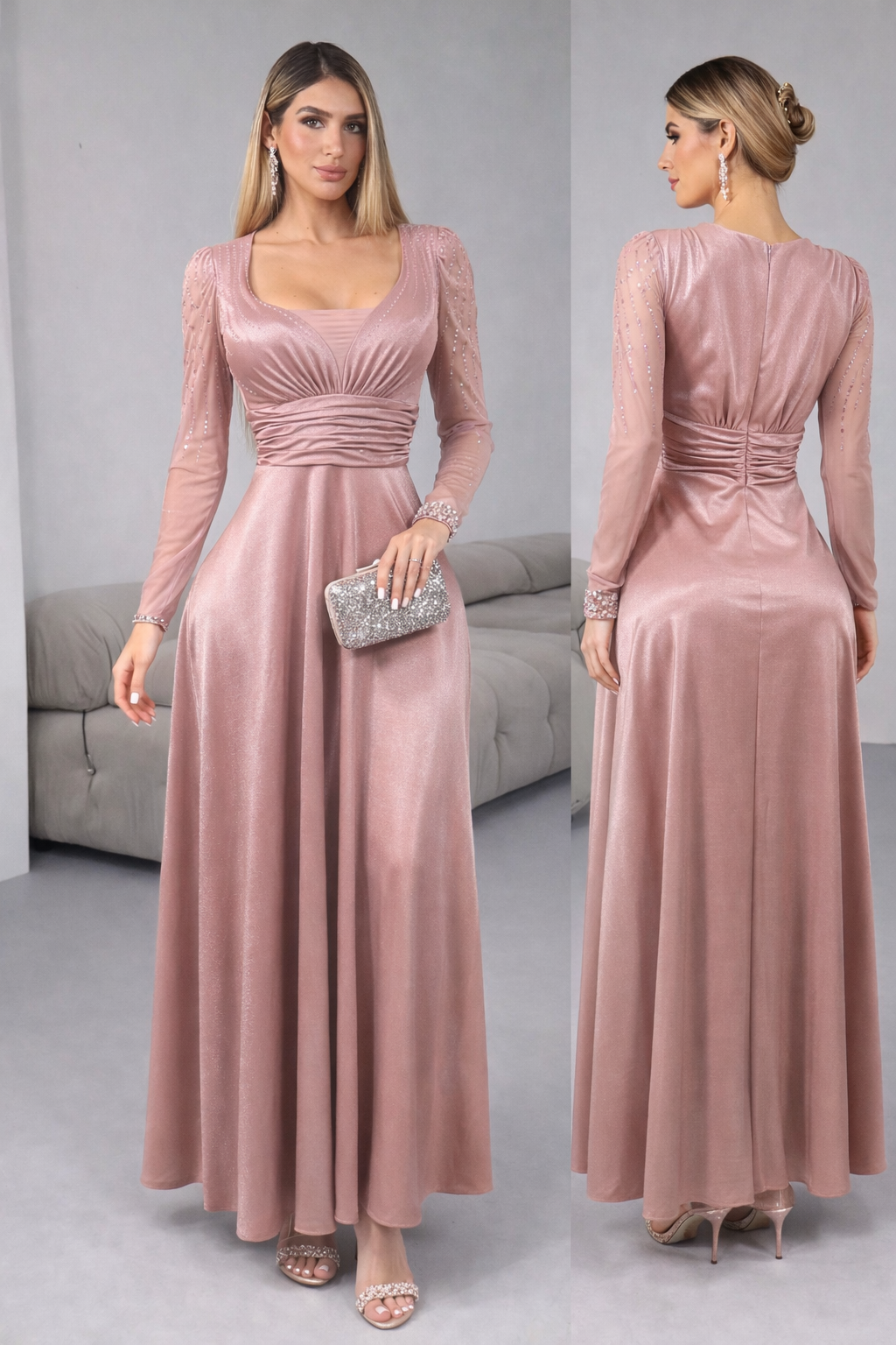 Vestido rosa palo satín pedrería 🩷