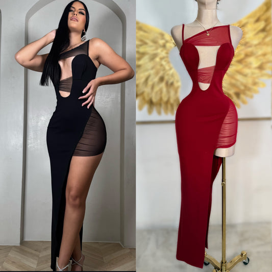 Vestido tinto licra y mesh