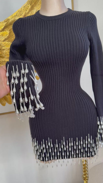 Vestido perlas negro tela de punto 🖤